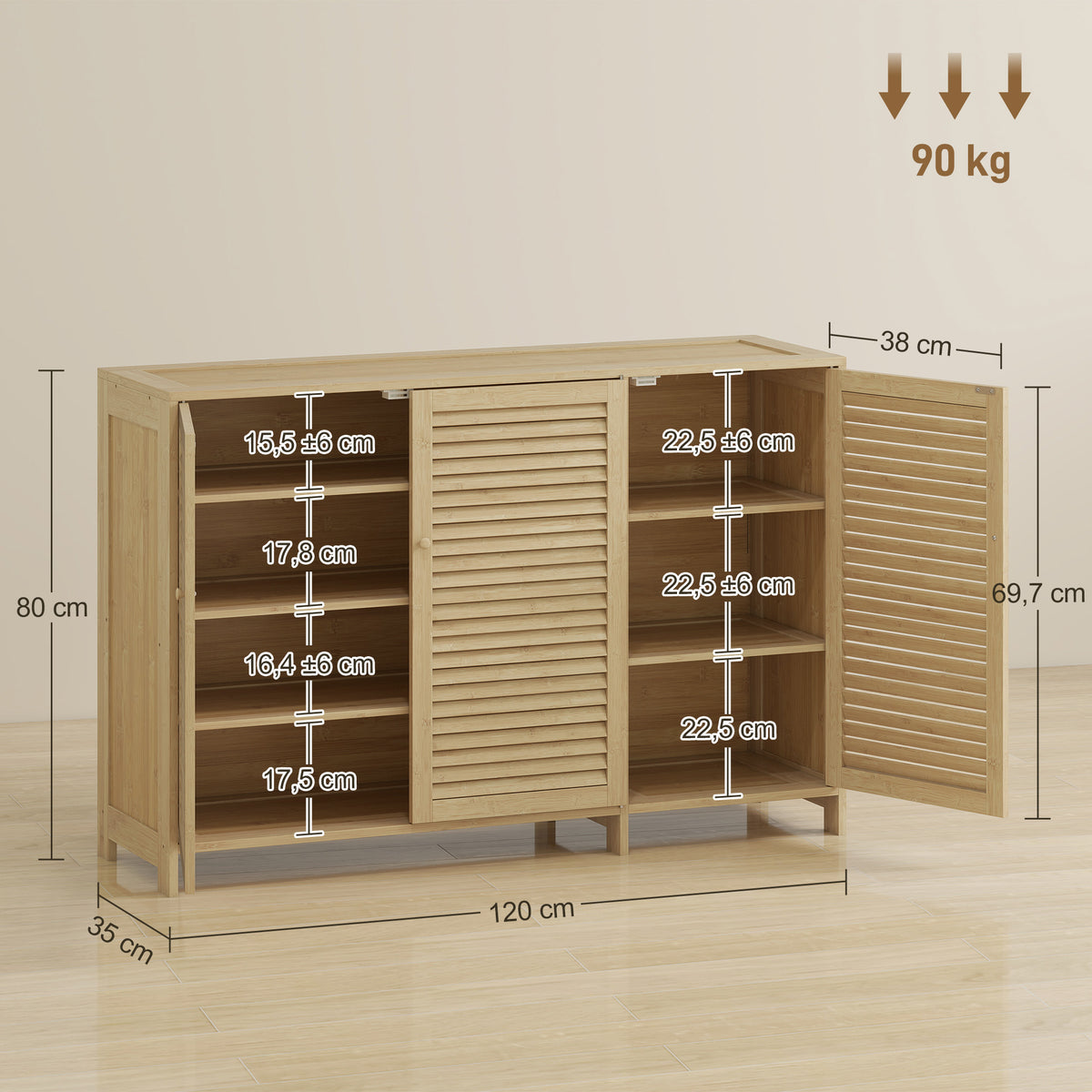 Meuble à chaussures en bambou 18 paires, armoire à chaussures avec portes persiennes et étagères réglables, bois naturel-2
