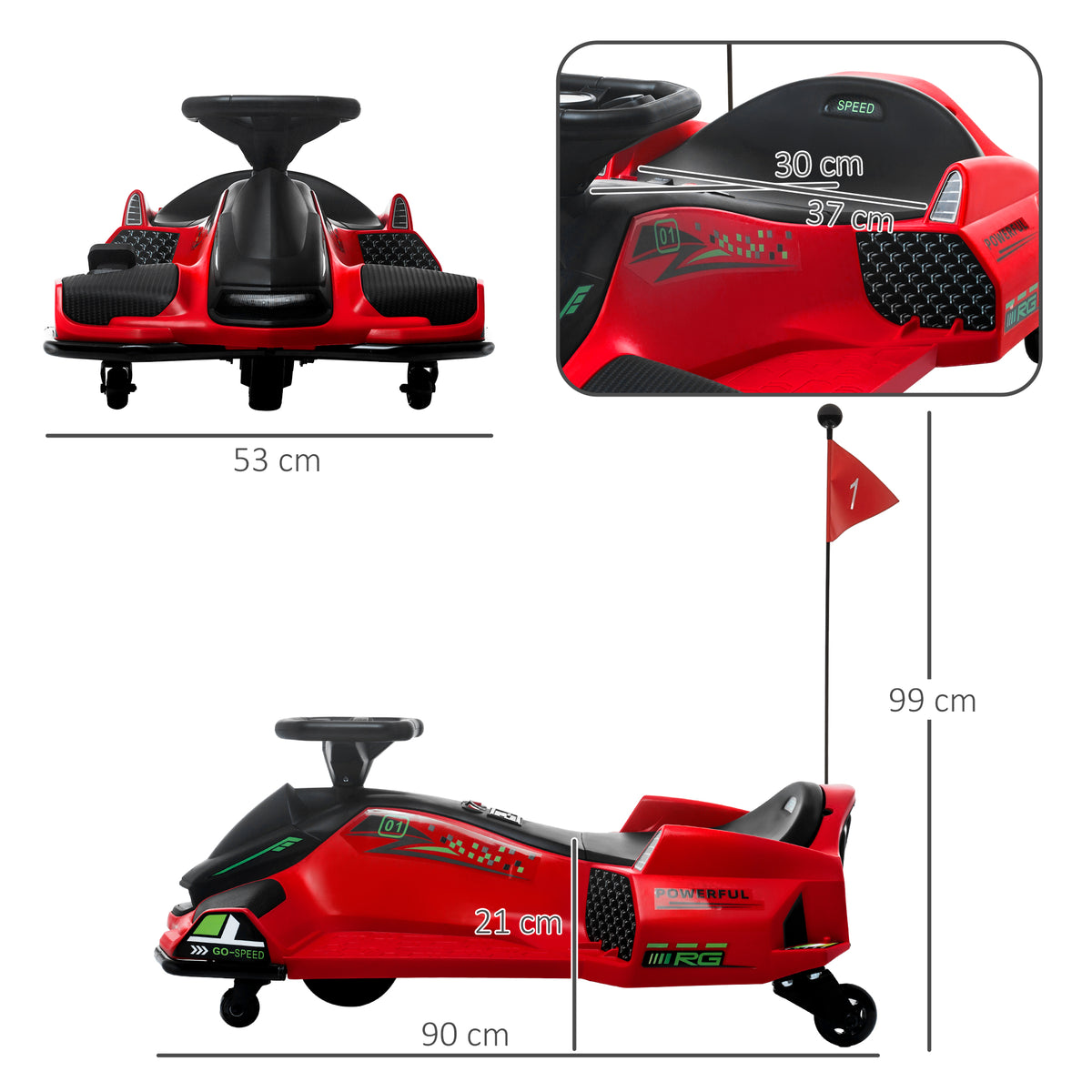Kart électrique pour enfant 12V, karting enfant, vitesse réglable 3-8 km/h, mode de dérive, 90 x 53 x 99 cm, rouge-2