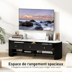 Meuble TV 140 cm, meuble télé pour téléviseur 65 pouces effet marbre avec 3 tiroirs façades à cannelures 2 étagères noir-4