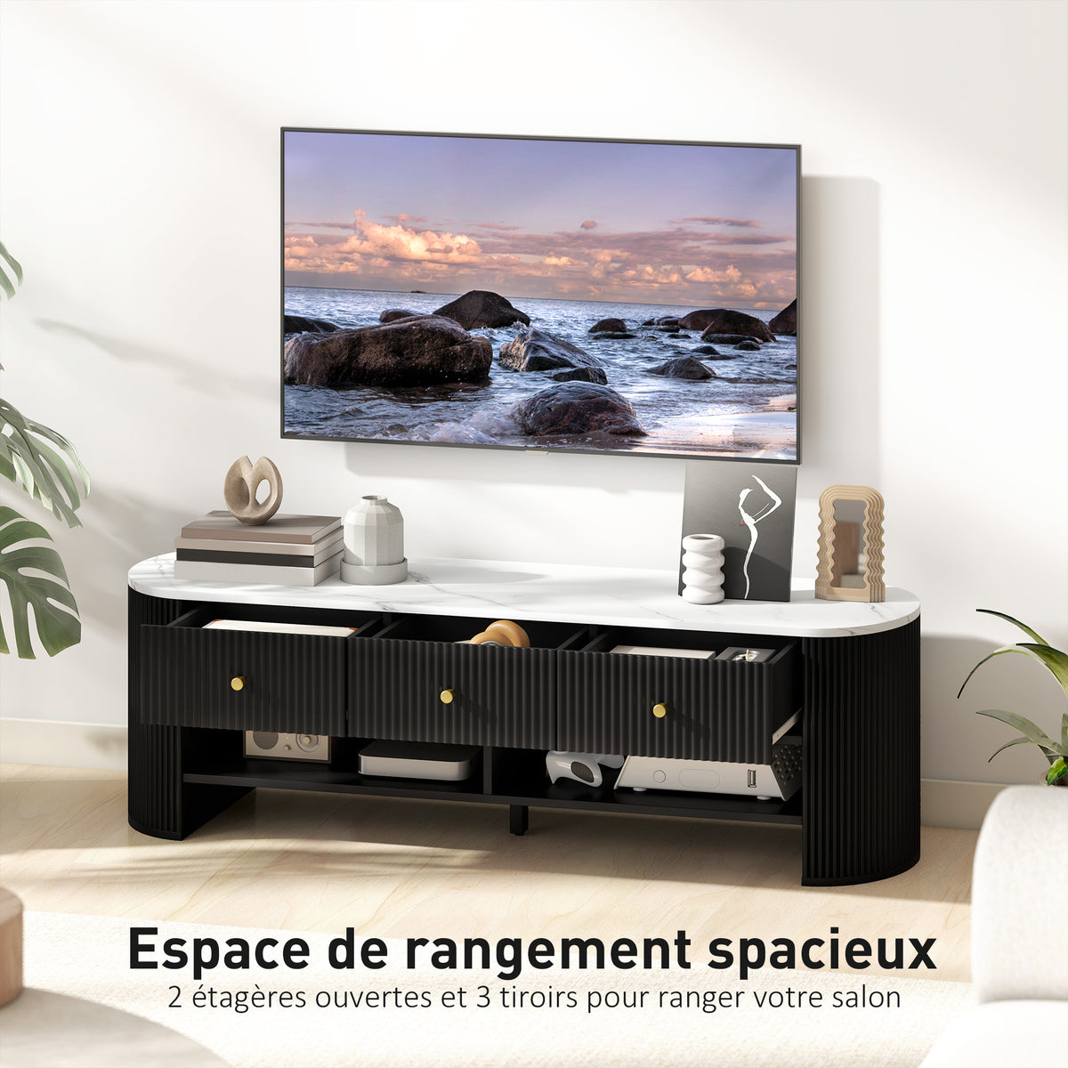 Meuble TV 140 cm, meuble télé pour téléviseur 65 pouces effet marbre avec 3 tiroirs façades à cannelures 2 étagères noir-4