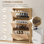 Meuble à chaussures 9 paires, armoire à chaussures étroite, 3 tiroirs rabattables portes miroirs, 65x17x114,5cm naturel-3