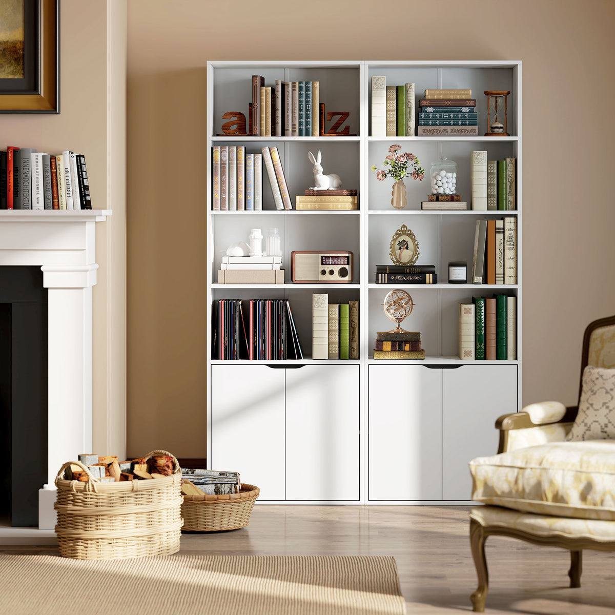 Bibliothèque Armoire à livres avec 4 compartiments ouverts et 2 portes pour le salon et le bureau 59x29x180 cm Blanc-7