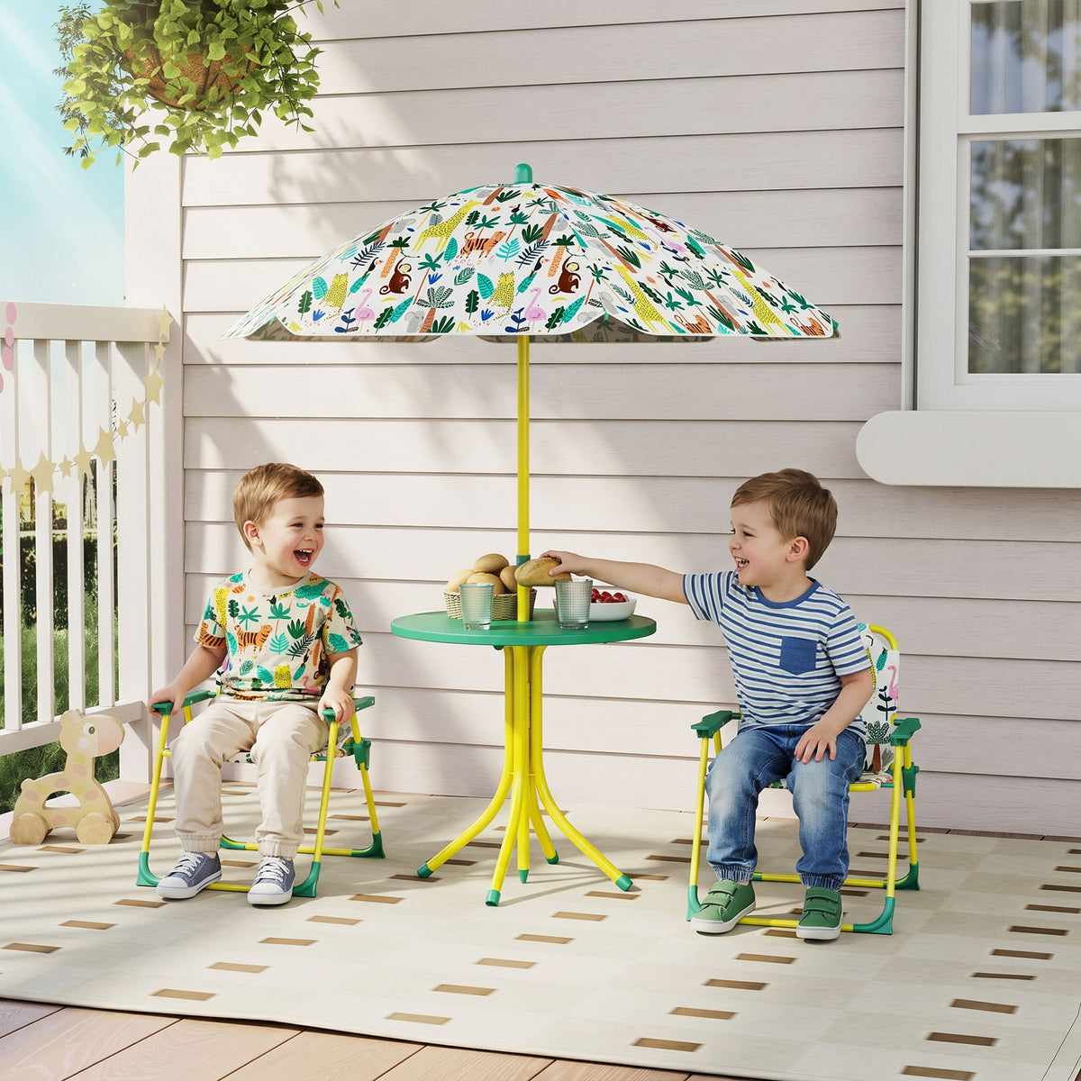 Ensemble Salon de Jardin Extérieur Enfant avec 2 Chaises Pliantes et Parasol, Thème Jungle, pour Jardin, Terrasse, Vert-1