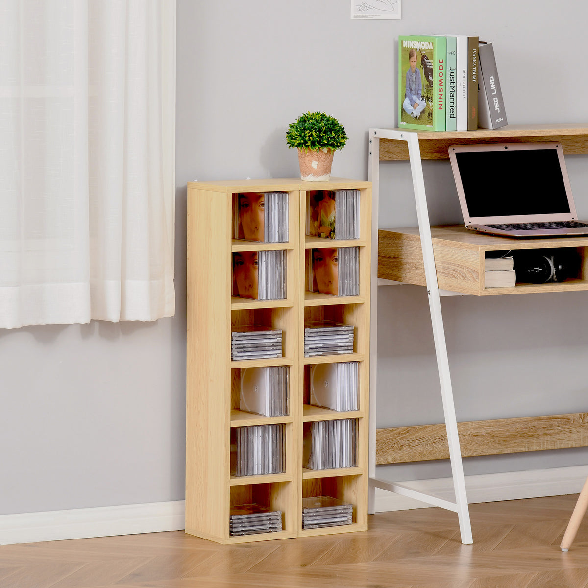 Lot de 2 étagères colonnes Armoire de Rangement CD-DVD 6 + 6 Compartiments dim. 21L x 19l x 88H cm capacité Max. 160 CD Naturel-6