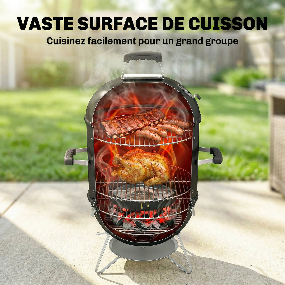 Fumoir 3 en 1 avec 3 Grilles de Cuisson, Thermomètre Intégré, Ventilation Réglable, 62,5x47,5x91cm, Noir-4