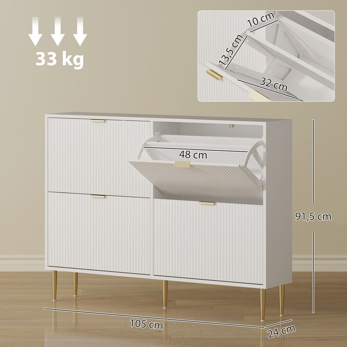 Meuble à chaussures 20 paires avec 4 tiroirs rabattables, portes cannelées et étagères réglables, 105x24x91,5cm, blanc-2