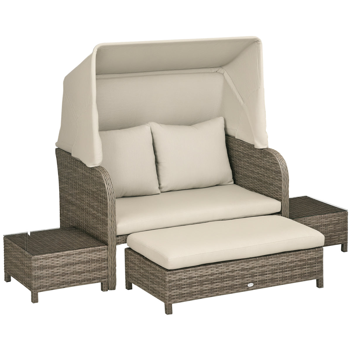 Ensemble salon de jardin 4 pièces canapé 2 places + 1 repose-pieds + 2 table basse avec coussins beige marron-0