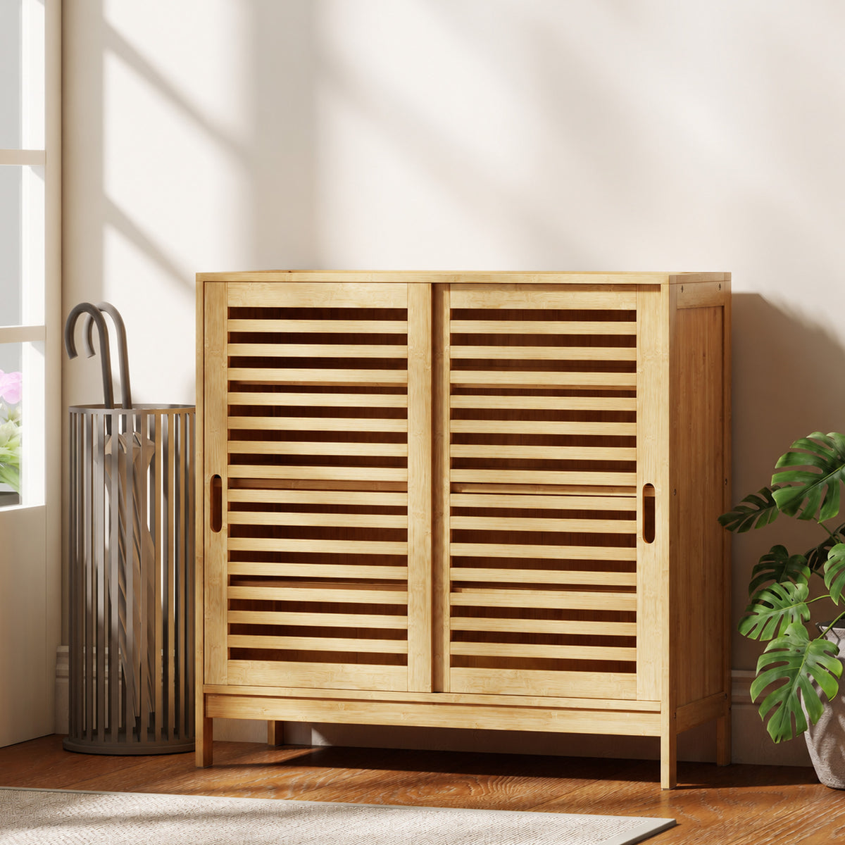 Meuble à chaussures en bambou 16 paires, armoire à chaussures, 2 portes coulissantes, étagères réglables, bois naturel-1