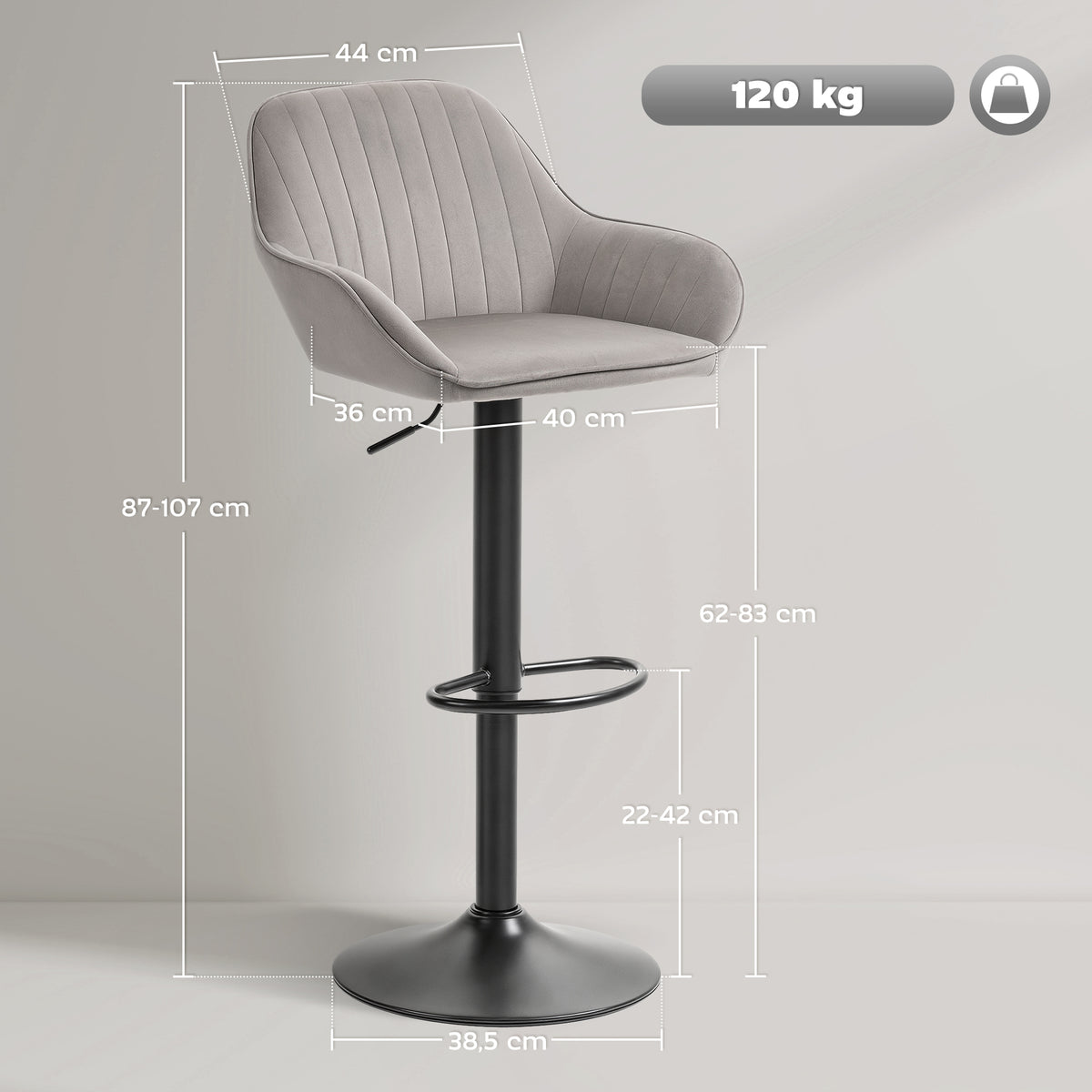 Lot de 2 tabourets de bar, chaises de bar en velours avec dossier, repose-pieds, hauteur réglable et pivotante gris-2