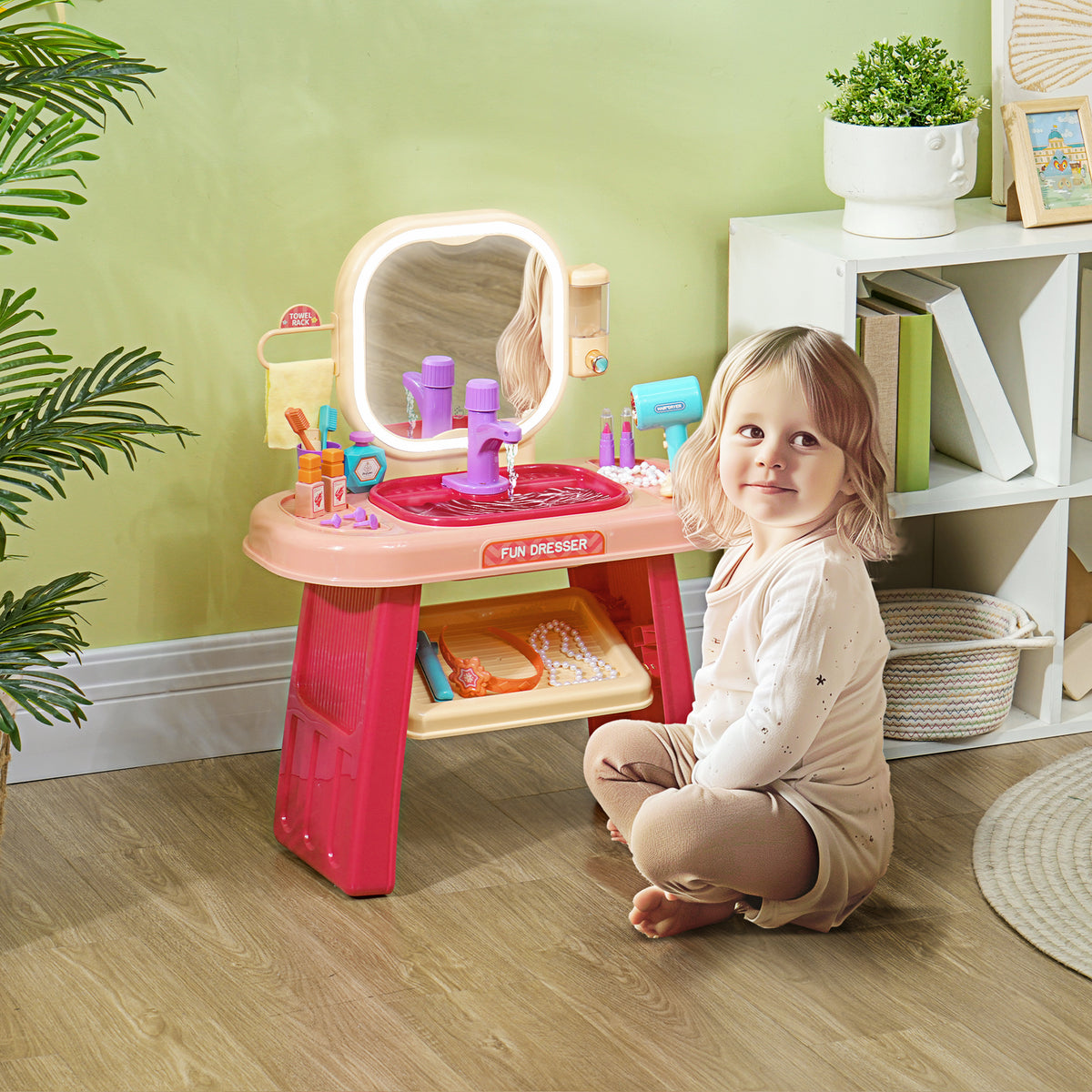 Coiffeuse pour enfants 23 PCS, table de maquillage avec miroir, lumière LED et musique, pour enfants de 3 à 6 ans, rose-1
