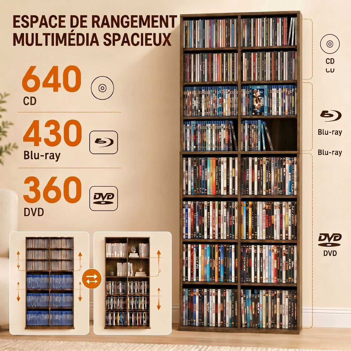Rangements pour CD et DVD 18 compartiments capacité max. 640 CD/360 DVD 430 Blu-ray 78,5 x 24 x 175 cm noyer foncé-3