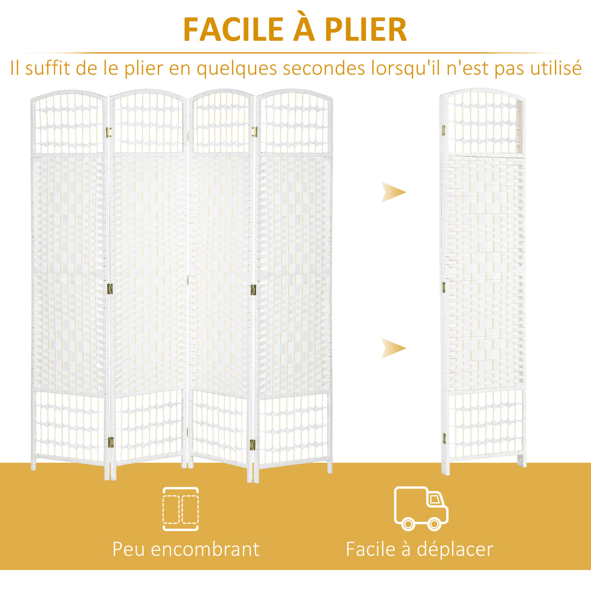 Paravent intérieur en bois séparateur de pièce cloison pliable 4 panneaux 160 x 170 cm blanc-3