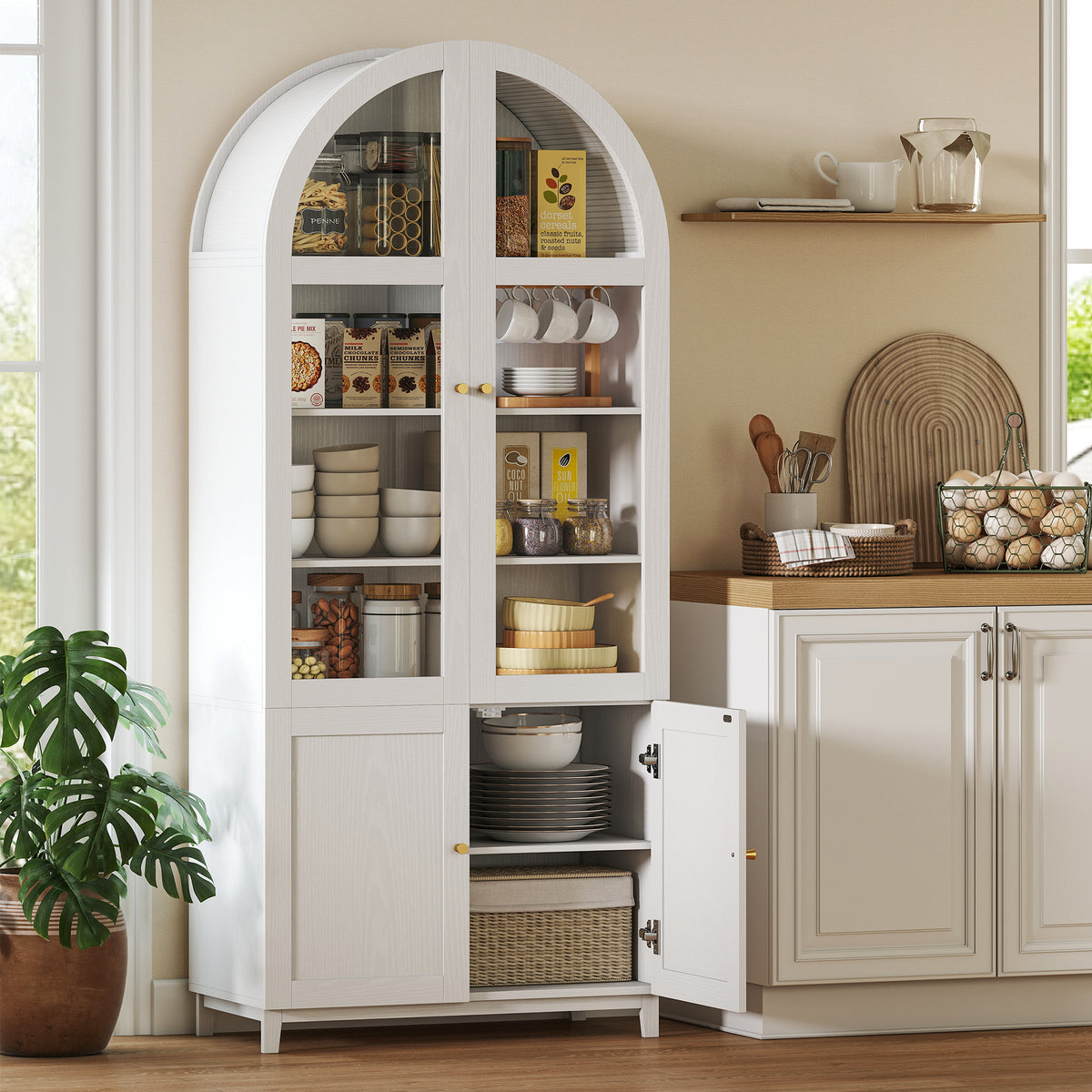 Armoire de cuisine, vaisselier vitrine avec 4 portes dont 2 en acrylique et étagères réglables, 78 x 40 x 180 cm, blanc-9