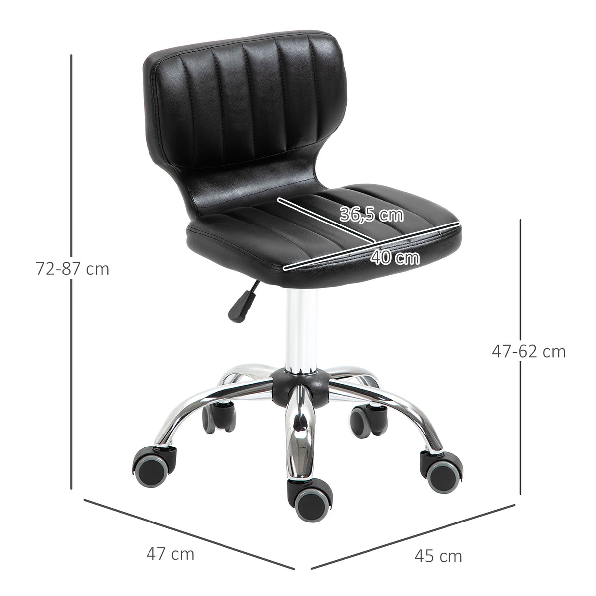 Tabouret à roulettes - tabouret de travail pivotant 360° - - tabouret ergonomique - hauteur assise réglable 47-62 cm - revêtement synthétique matelassé noir métal chromé-2