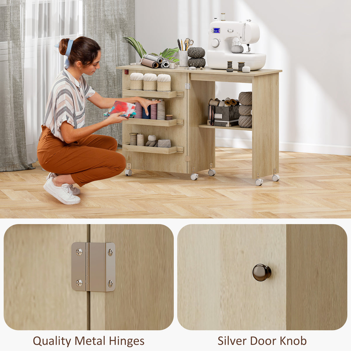 Table de couture pliante meuble couture à abattant avec bacs de rangement, étagère ouverte et roulettes, bois naturel-7