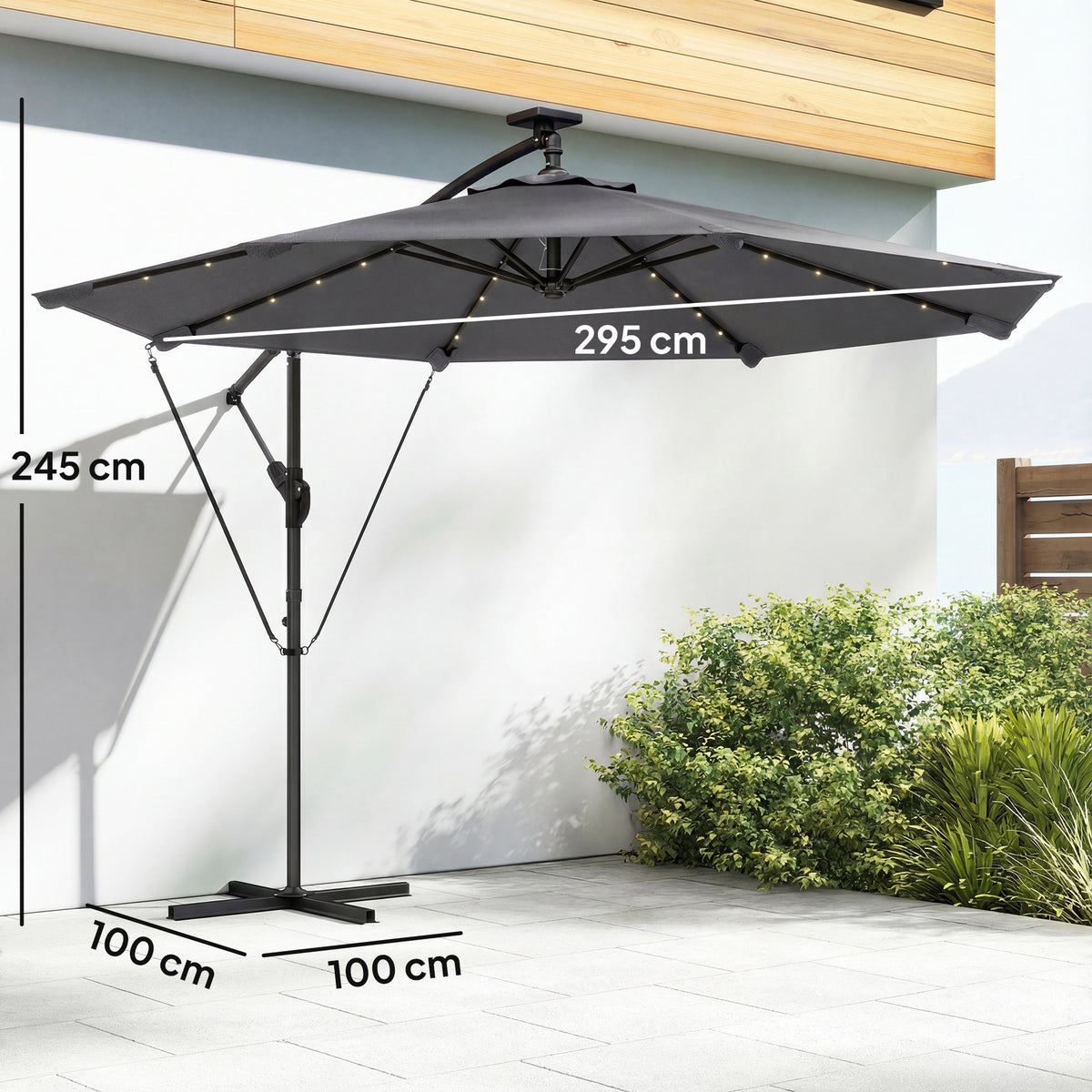 Parasol Déporté Parasol de Jardin LED Solaire 32 Lampes LED Manivelle UV 50+ et Housse de Protection Ø 295cm Gris-2