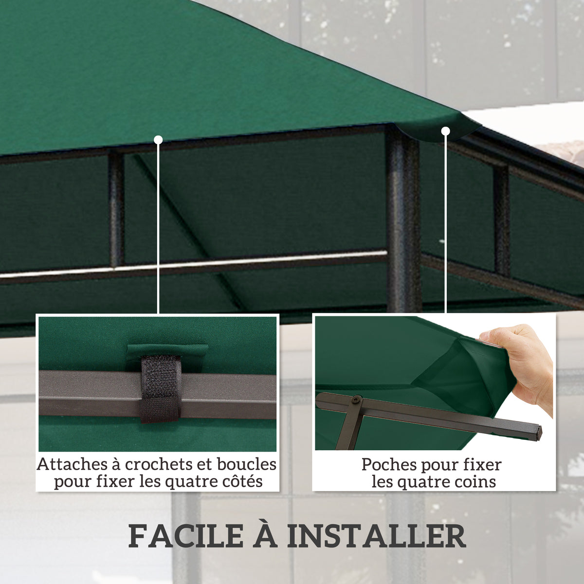 Toile de rechange pour pavillon toit de remplacement gazebo tissu polyester haute densité 180 g/m² anti-UV 3 x 3 m vert-4