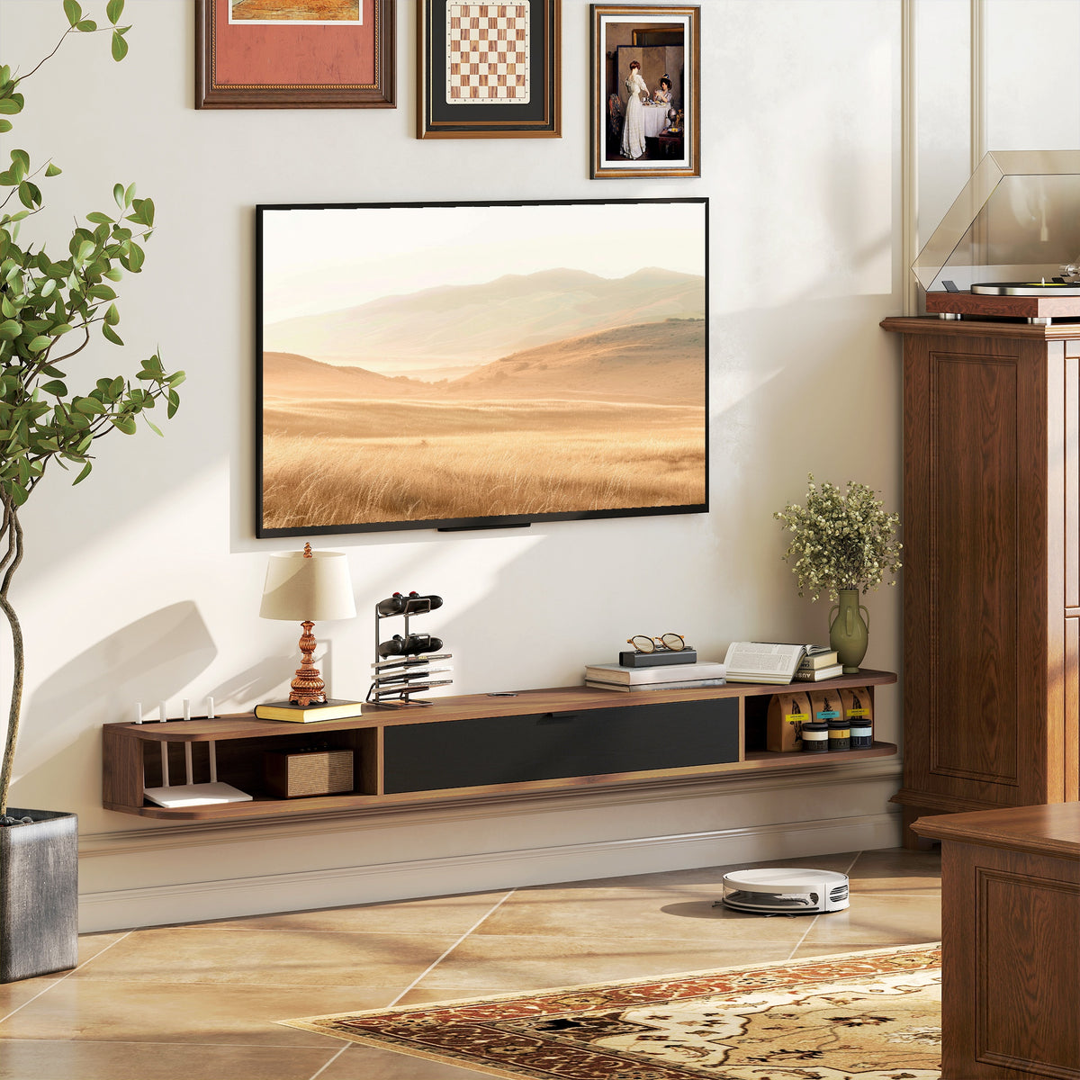 Meuble TV Suspendu, Meuble Télé pour Téléviseur jusqu'à 75 Pouces, Tiroir Rabattable, 2 Étagères, 180x24x16cm, Noyer-9