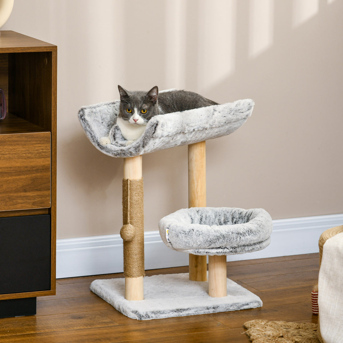 Abre à chat avec griffoir 1 niche supérieure avec coussin lavable 1 niche ronde peluche hauteur 60 cm gris-1