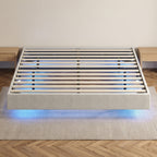 Lit Flottant 160 x 200 cm avec Éclairage LED Intelligent, Cadre de Lit Double Rembourré en Lin, Montage Facile, Beige-1