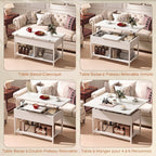 Table basse relevable et extensible, table de salon avec compartiment caché étagères ouvertes, 98x49x55cm, blanc-3