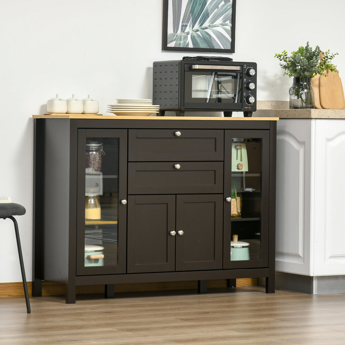 Buffet meuble de rangement 1 placard double porte 2 placards à porte vitrée 2 tiroirs étagère réglable 120x40x90cm noir-1