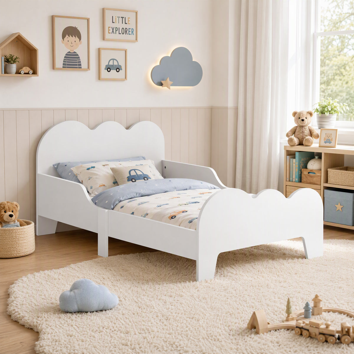 Lit enfant lit au sol enfant 70x140 cm avec barrière de sécurité, sommier à lattes inclus et décorations de nuage, blanc-8