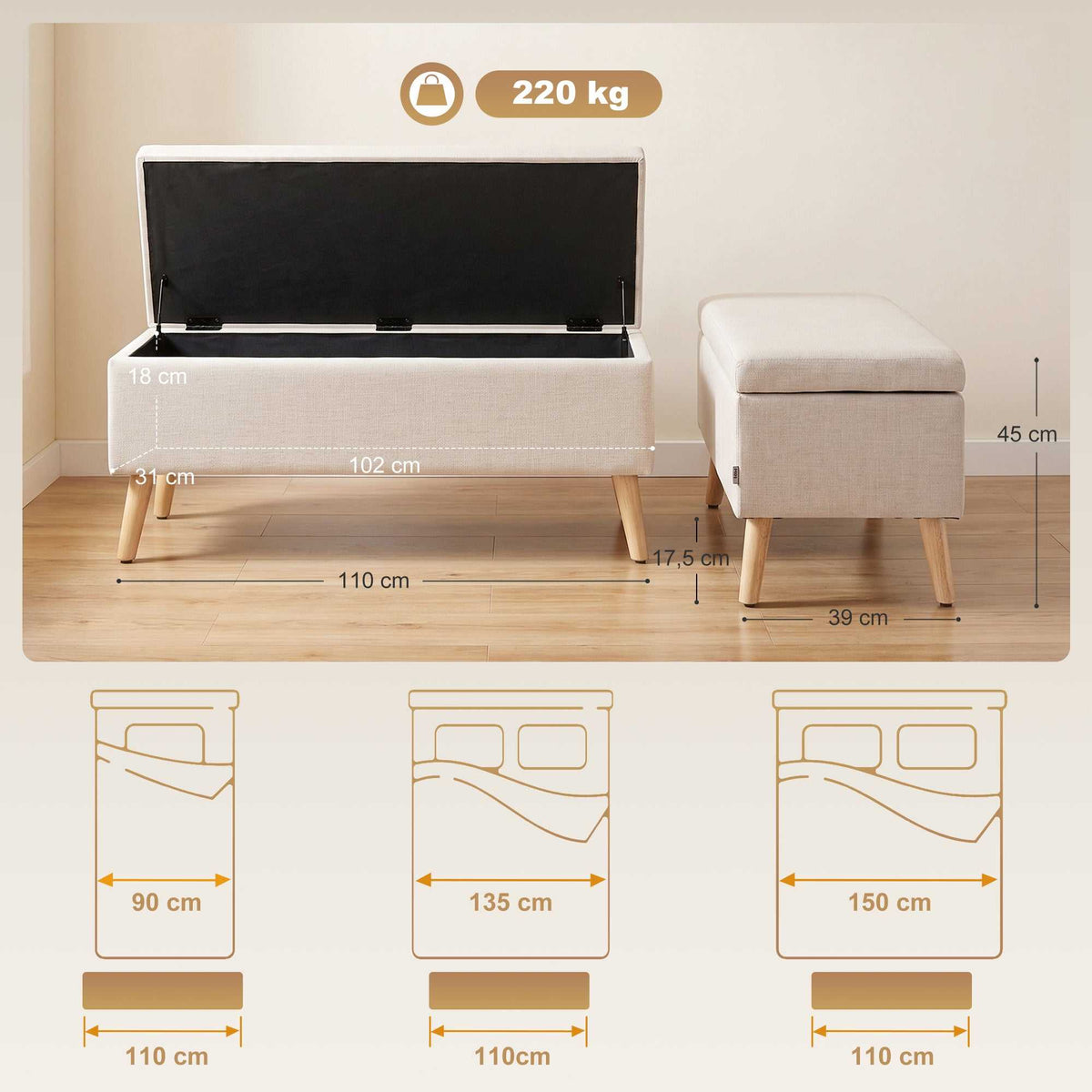 Banc coffre rangement rembourré aspect lin pour chambre à coucher, entrée, salon, charge 220 Kg, 110 x 39 x 45 cm, beige-2