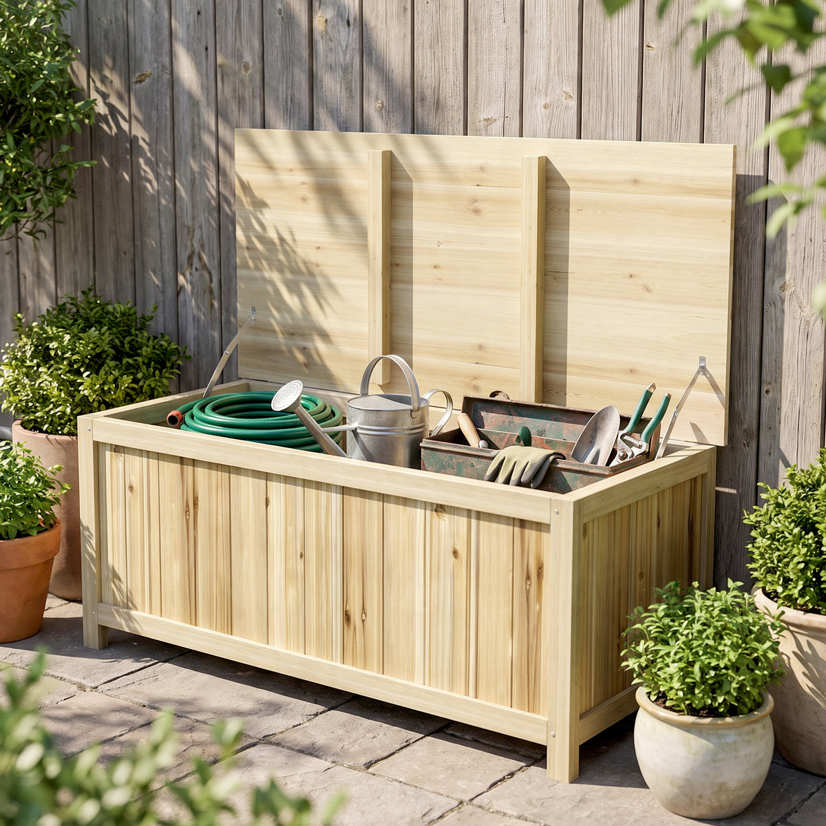Coffre de rangement jardin en bois 172L avec vérins, pour l'extérieur - 120L x 55l x 45H cm-7