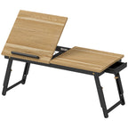 Table de lit pliable et réglable, plateau de lit pour ordinateur portable en bambou - plateau inclinable, tiroir, chêne-0