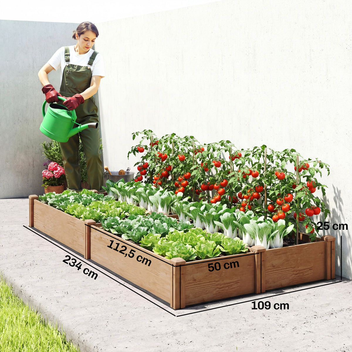 Carré Potager en Bois Lit de Jardin Surélevé 4 Zones de Culture Fond Ouvert Montage sans Outil 234x109x25cm Marron Clair-2