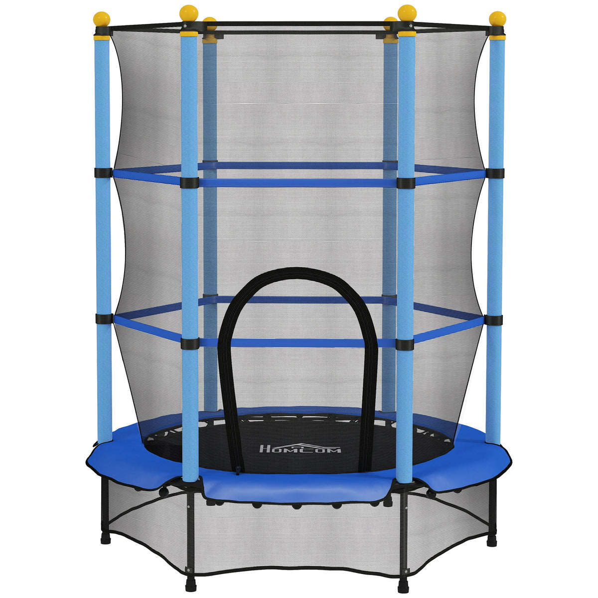 Trampoline Enfant Ø 1,40 × 1,90H m Filet de sécurité Porte zipée Couvre-Ressorts 6 poteaux rembourrés Inclus Bleu-0