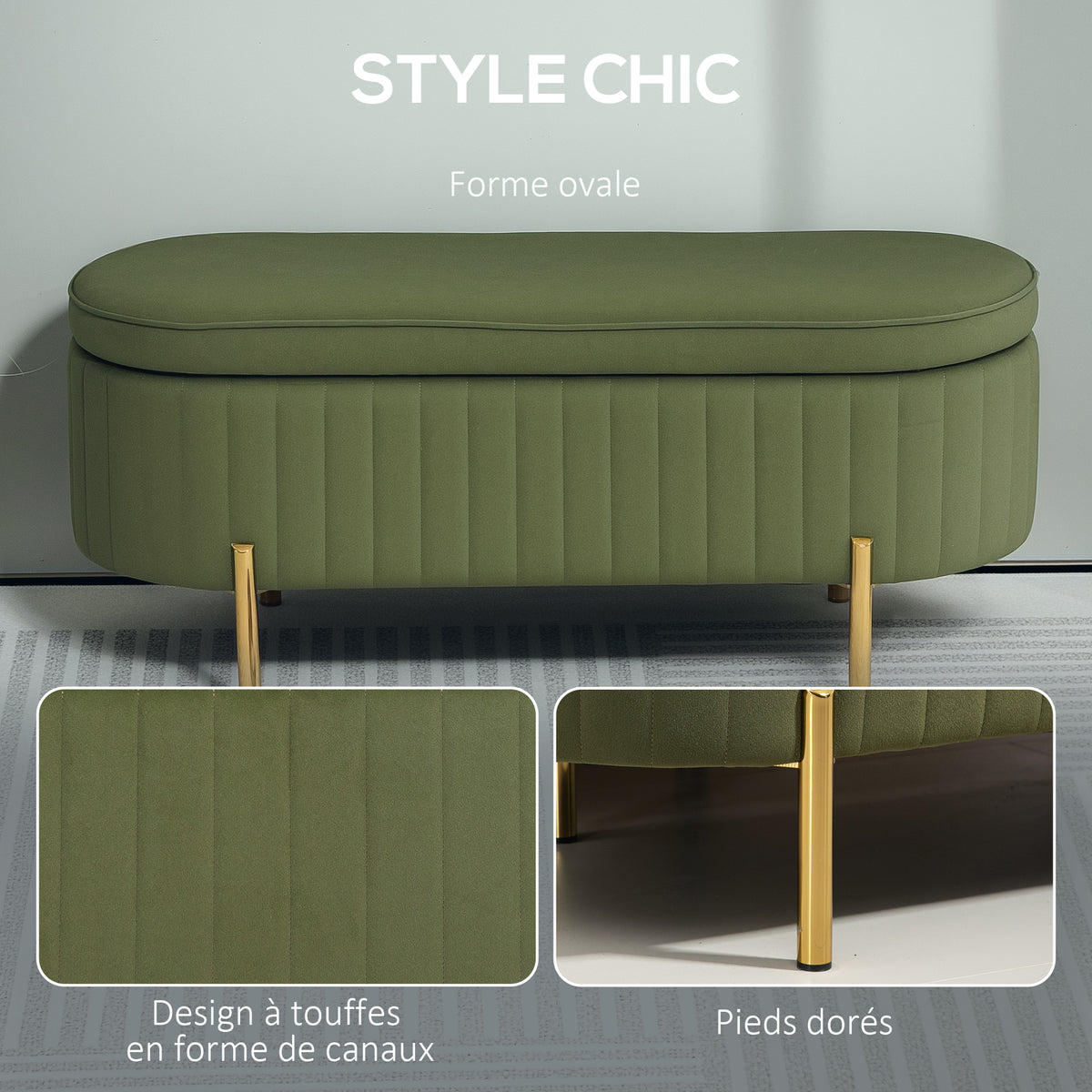 Banc de rangement, bout de lit en velours avec couvercle, pieds en métal, capacité 72 L, 107x42x45,5cm, vert foncé-4