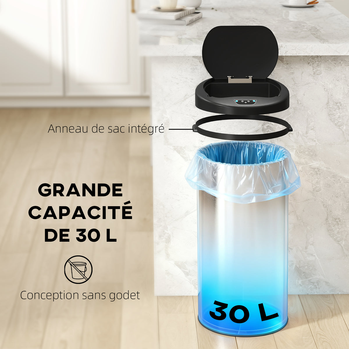 Poubelle de cuisine automatique 30 L en acier inoxydable, couvercle à fermeture en douceur, 32 x 30 x 68 cm, argent-4