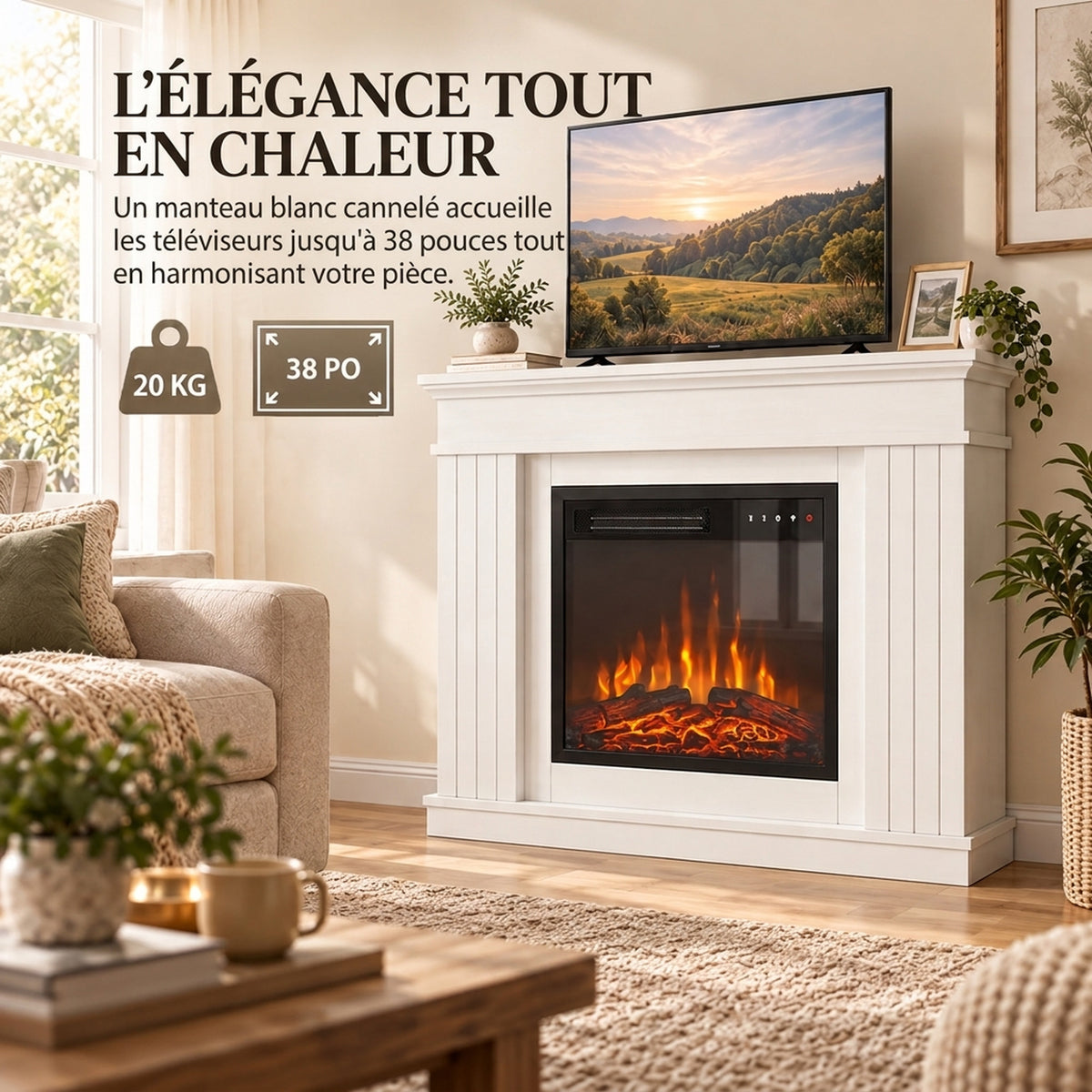 Cheminée Électrique 1800W, Effet Flamme 3D Réaliste, Fausse Cheminée Décorative, Manteau, 5 Niveaux de Luminosité, Blanc-3