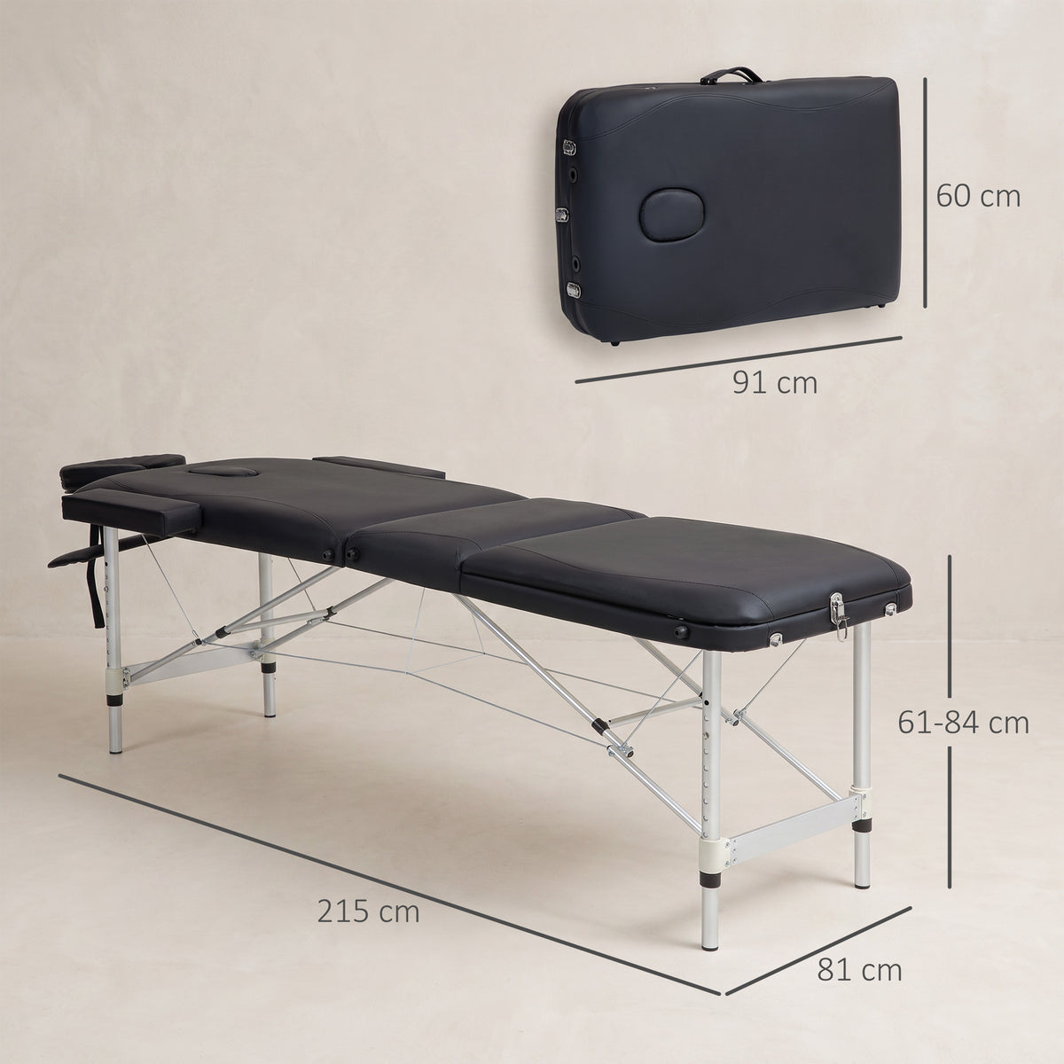 Table de Massage Lit de Massage à 3 Zones Pliante 225kg Coins Arrondis Hauteur 61-84 cm 215x81cm Noir-2