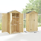 Armoire de Jardin Extérieur en Bois 3 Portes, 4 Étagères, Toit à Pignon, Compartiment, 93x53x168cm, Naturel-2