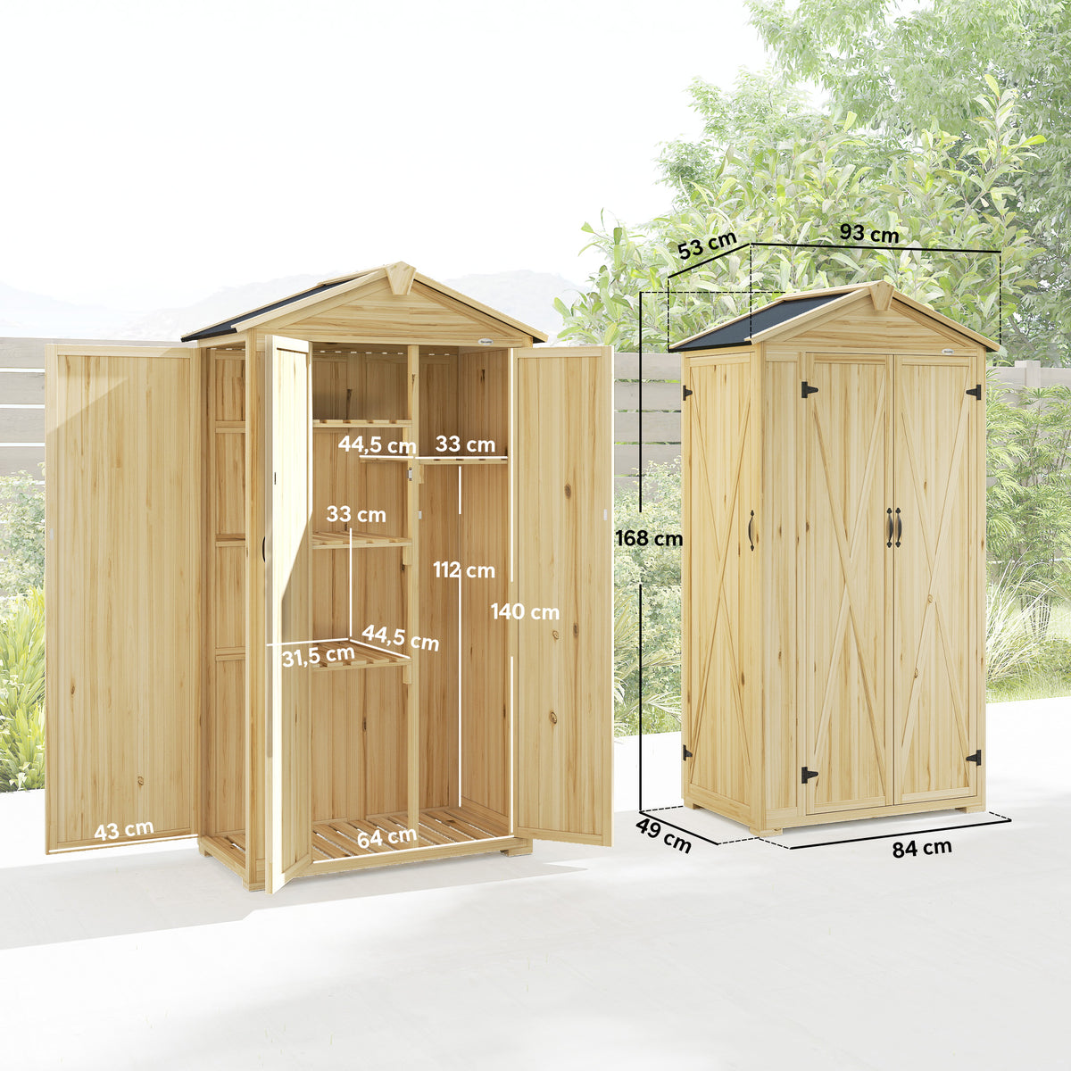 Armoire de Jardin Extérieur en Bois 3 Portes, 4 Étagères, Toit à Pignon, Compartiment, 93x53x168cm, Naturel-2