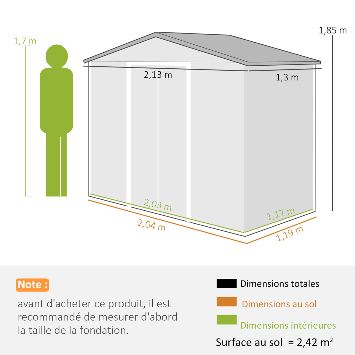 Abri de Jardin 2,42 m² - Remise pour Outils avec Fondation - cabanon Porte verrouillable - tôle d'acier Gris-2