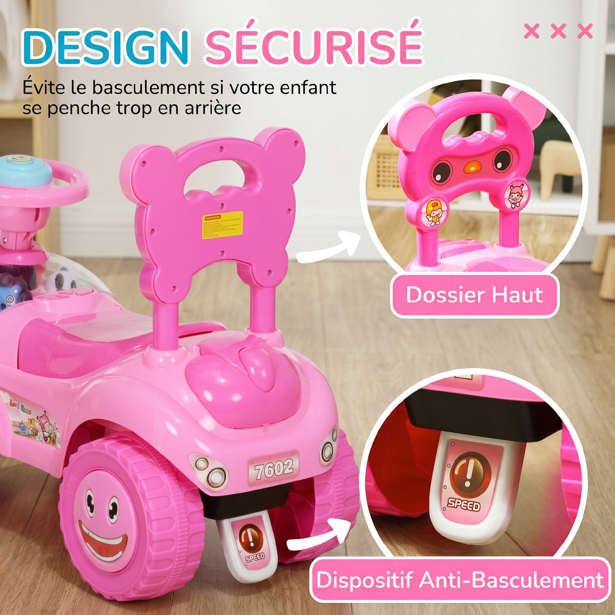 Voiture Porteur pour Enfants, Véhicule à Pousser avec Klaxon, Lumières, Musique, Volant, Rangement Sous le Siège, Rose-3