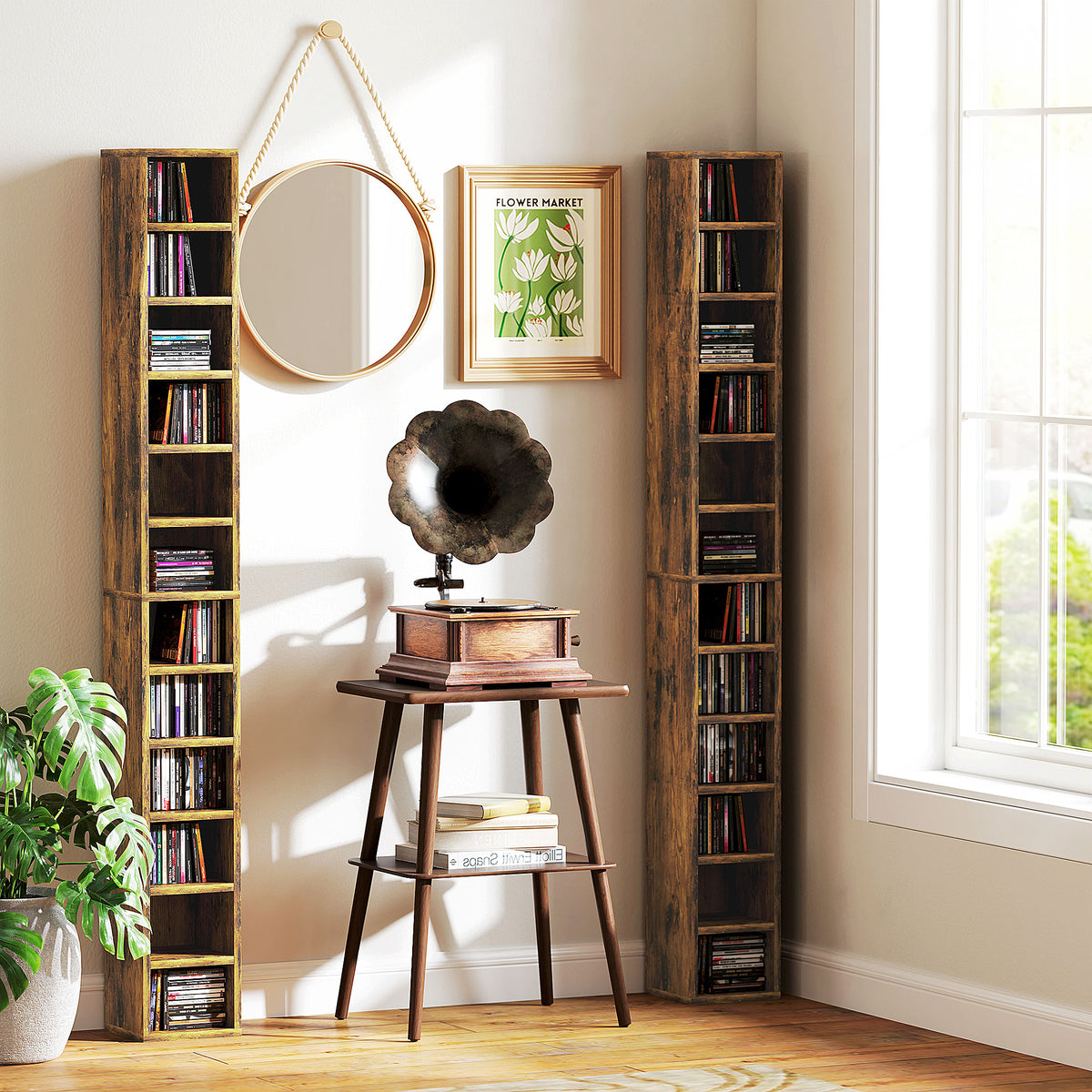 Rangements pour CD et DVD avec 12 compartiments, capacité max. 204 CD, 21 x 20 x 175 cm, brun rustique-6