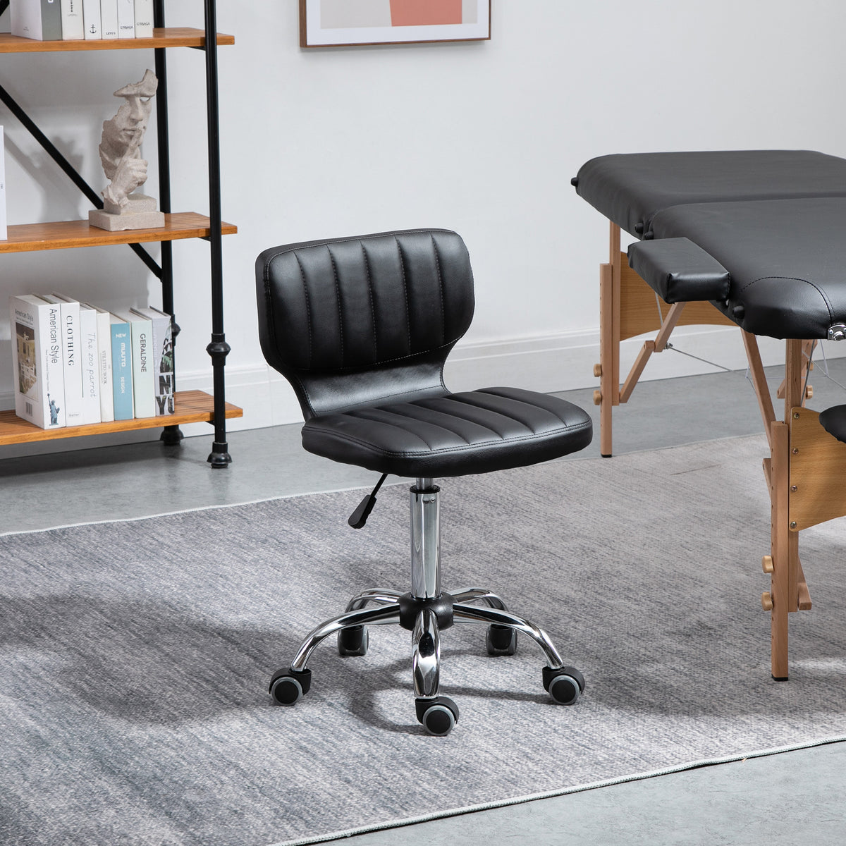 Tabouret à roulettes - tabouret de travail pivotant 360° - - tabouret ergonomique - hauteur assise réglable 47-62 cm - revêtement synthétique matelassé noir métal chromé-9