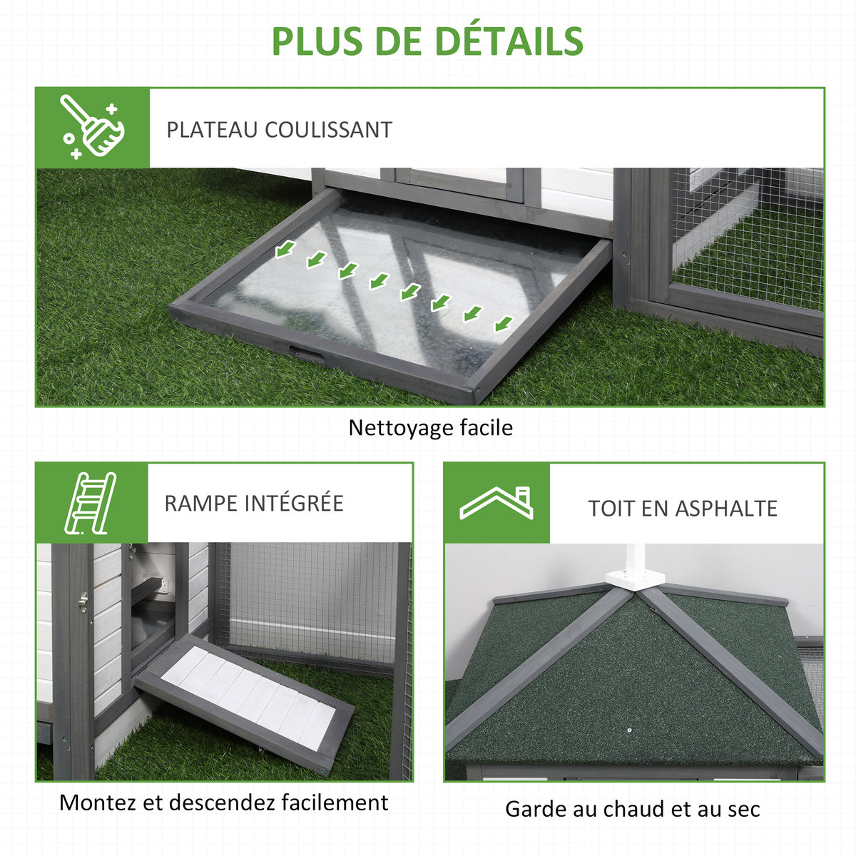 Poulailler cottage multi-équipement perchoir rampe pondoir enclos tiroir à déjection 196L x 76l x 97H cm bois massif pin gris blanc-6