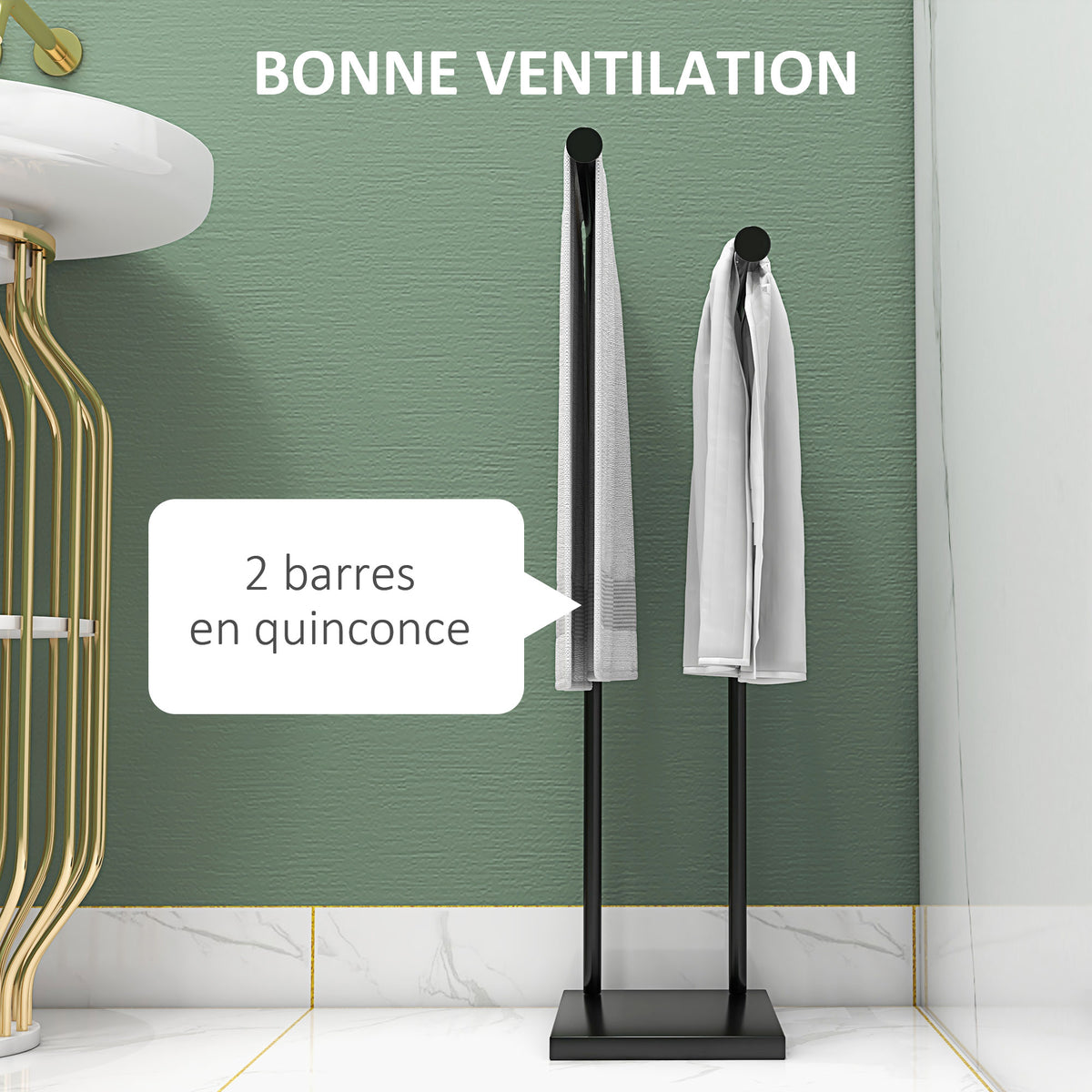 Porte-serviettes sur pied en acier avec 2 barres support pour serviette 35,5l x 20P x 78H cm - noir-3