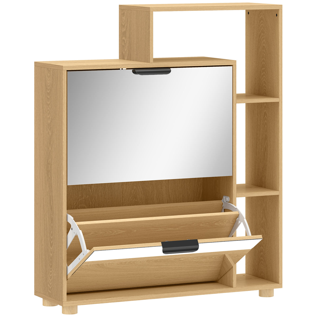 Meuble à Chaussures 10 Paires, Armoire à Chaussures, Portes en Miroir, 2 Tiroirs et Compartiments Ouverts, Chêne-0