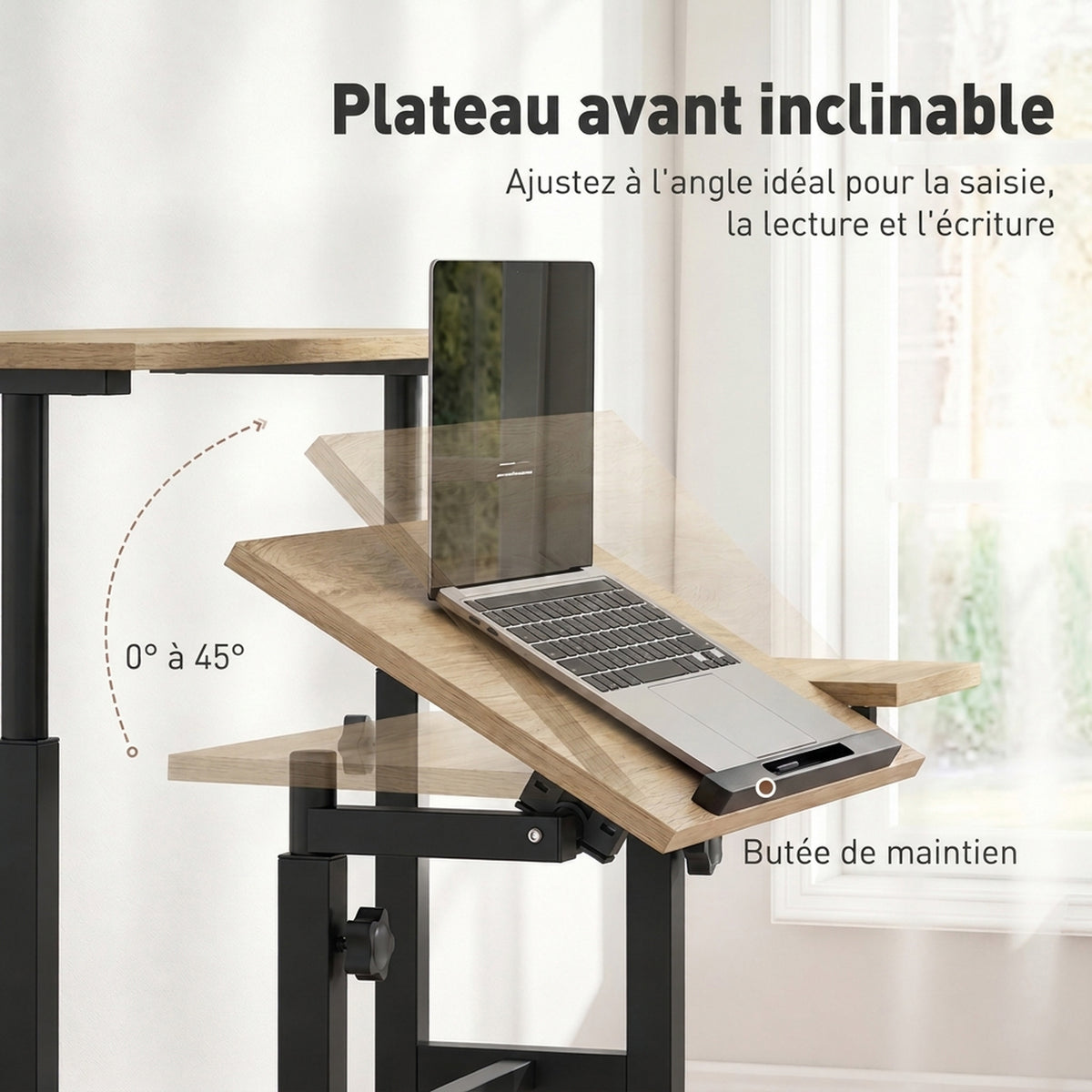 Bureau assis debout bureau réglable en hauteur 70 x 60 cm à roulettes avec plateau inclinable cadre en métal marron-4