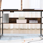 Table à dessin inclinable bureau informatique design industriel - plateau relevable, étagère - panneaux particules aspect vieux bois métal noir-7