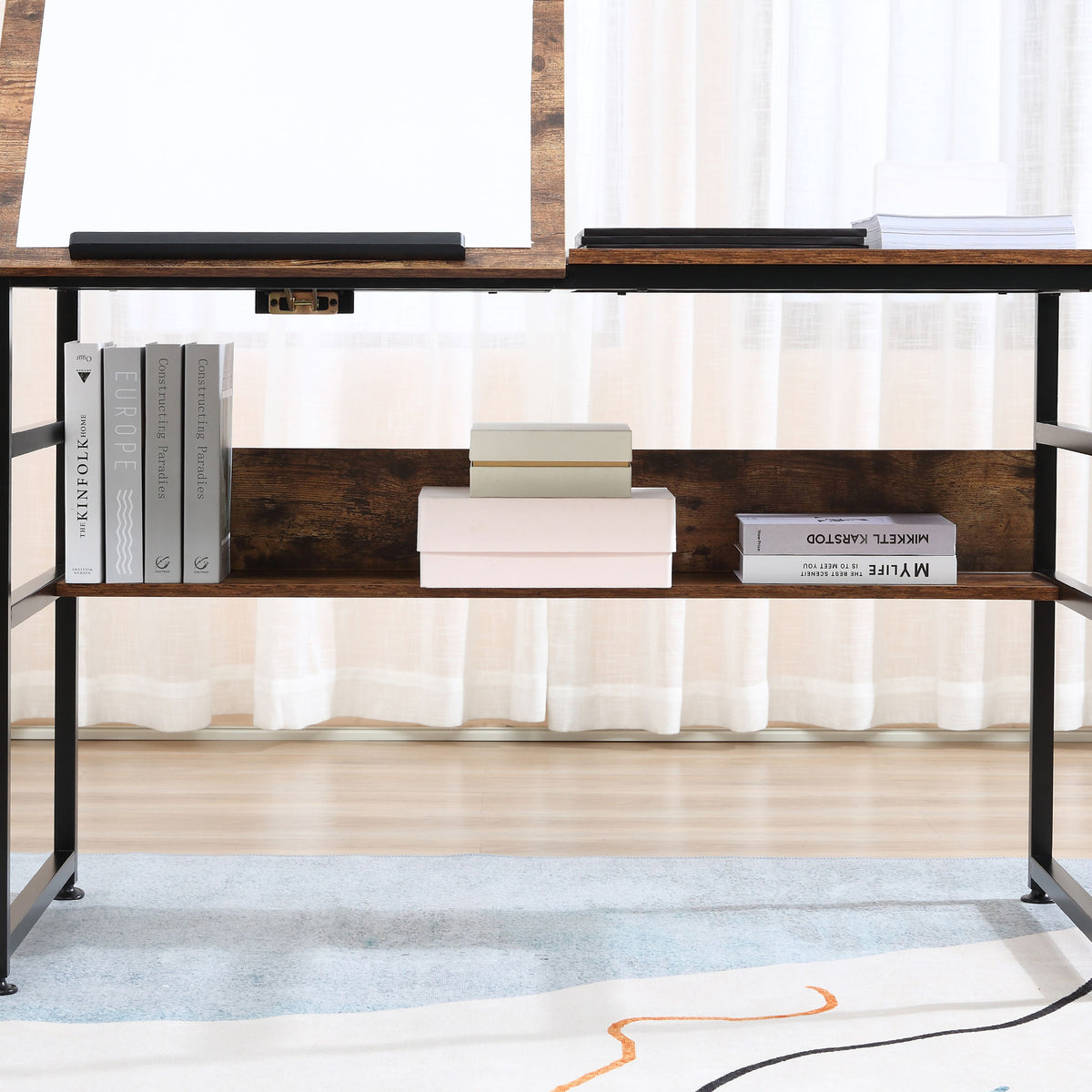Table à dessin inclinable bureau informatique design industriel - plateau relevable, étagère - panneaux particules aspect vieux bois métal noir-7