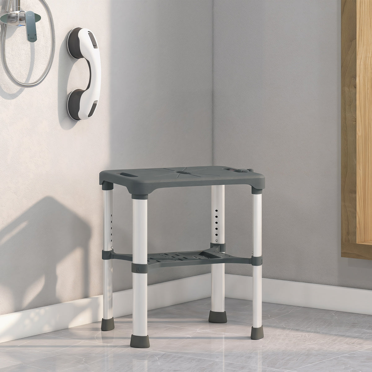 Tabouret de Douche Hauteur Ajustable avec Étagère Intégrée et Barre d'Appui à Ventouse pour Seniors et Handicapés, Gris-1