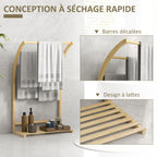 Porte-serviettes en bambou 3 barres avec étagère de rangement, pour la salle de bains et la buanderie, finition naturel-5